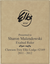 Load image into Gallery viewer, Rawhide/Black custom Elks leatherette plaque aqard
